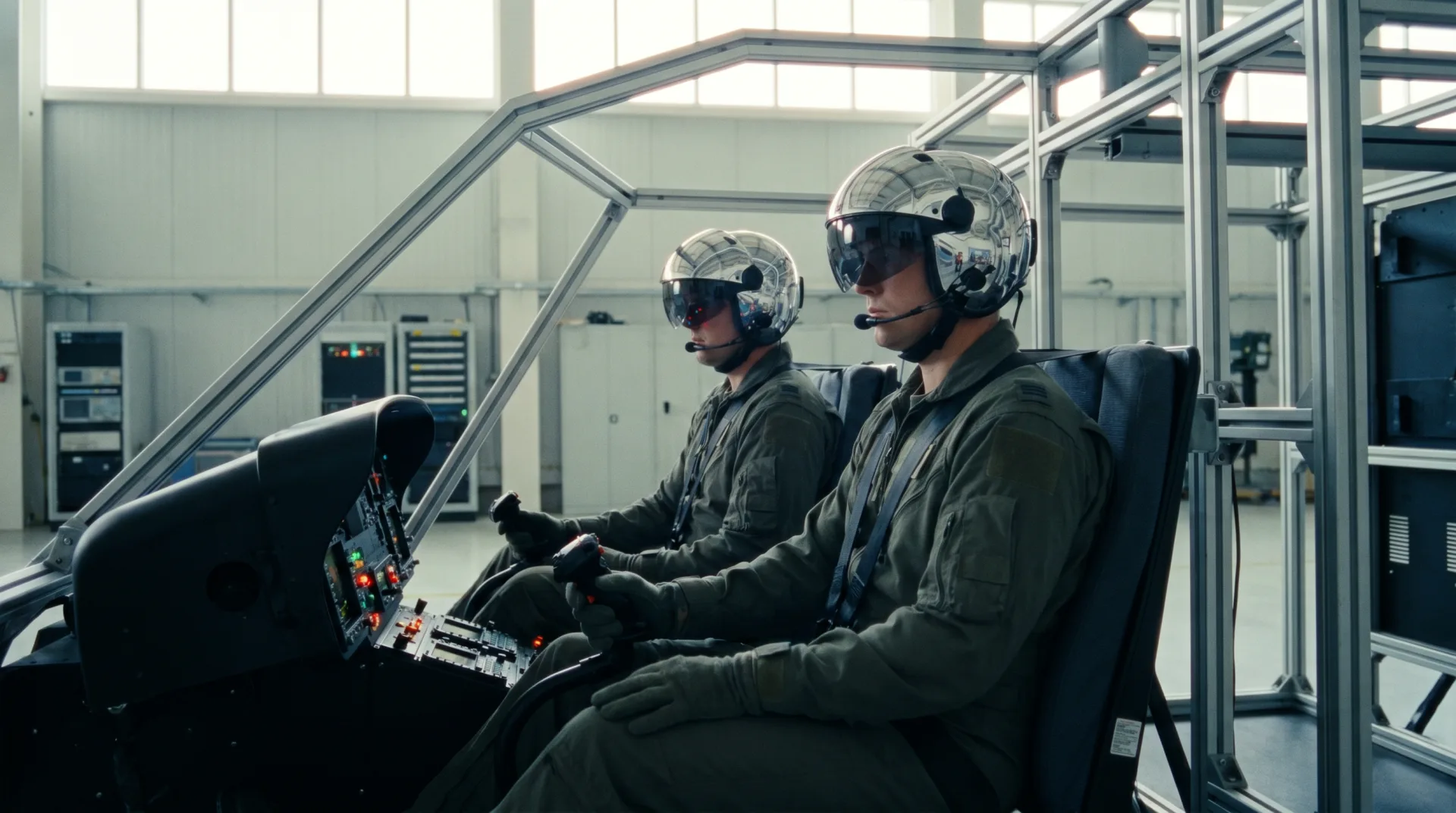 Two pilots in reflective helmets seated in a dual flight simulator