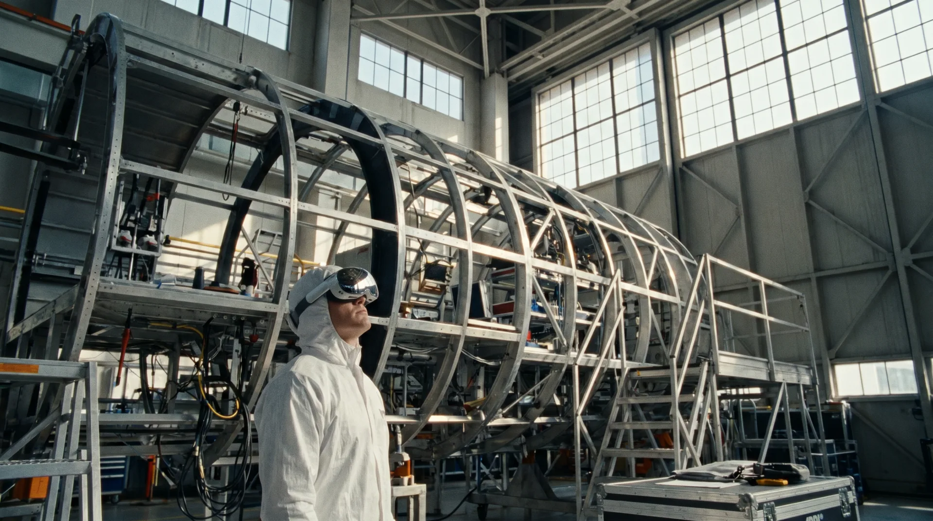 Clean-room technician in AR glasses inspecting a large aircraft fuselage structure