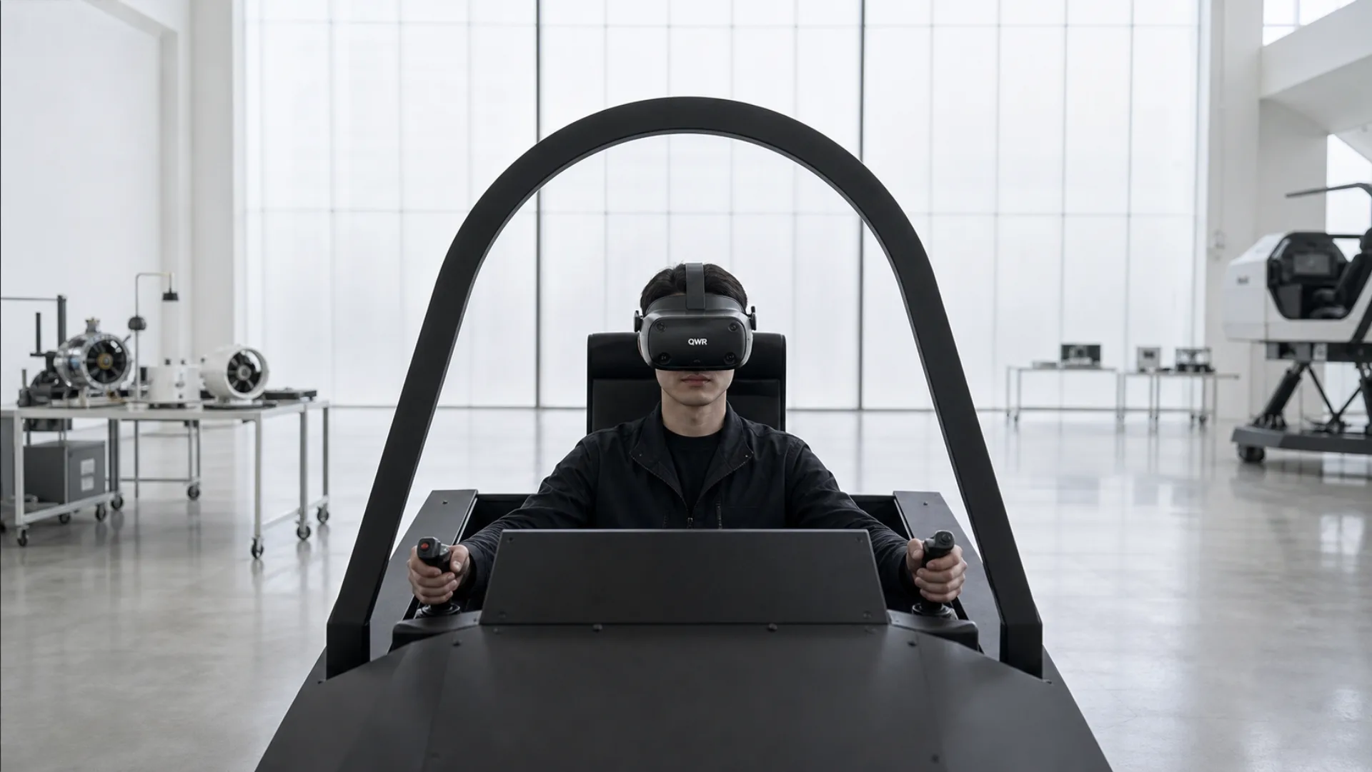 Rider in a QWR VR headset seated in a motion-simulator attraction