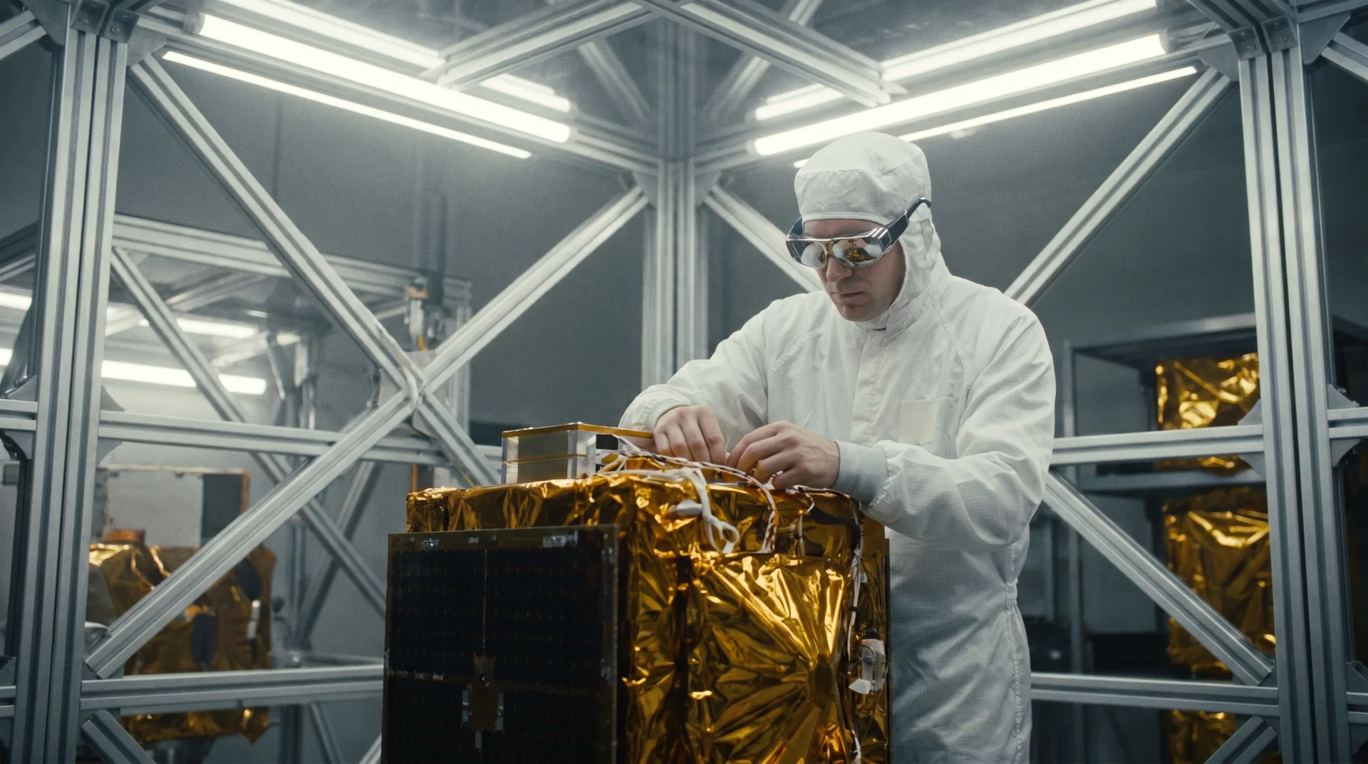 Clean-room engineer wearing AR glasses assembling a gold-foil satellite