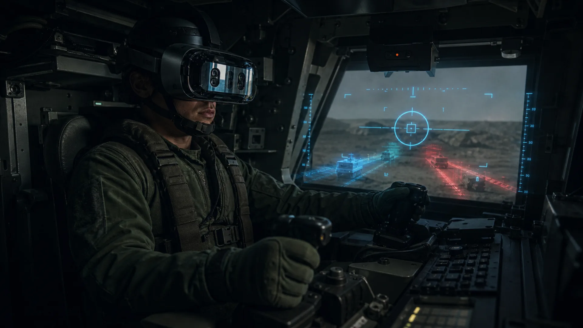 Soldier in VR headset inside an armoured vehicle cabin with a targeting HUD