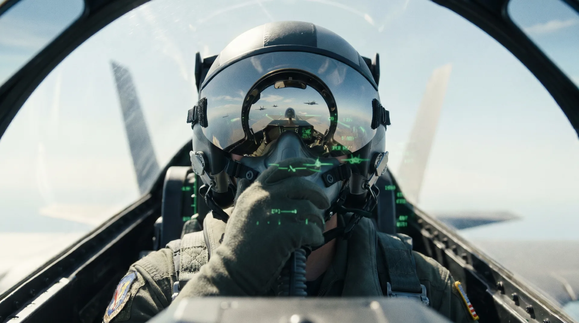 Fighter pilot in helmet with green HUD symbology looking through the canopy