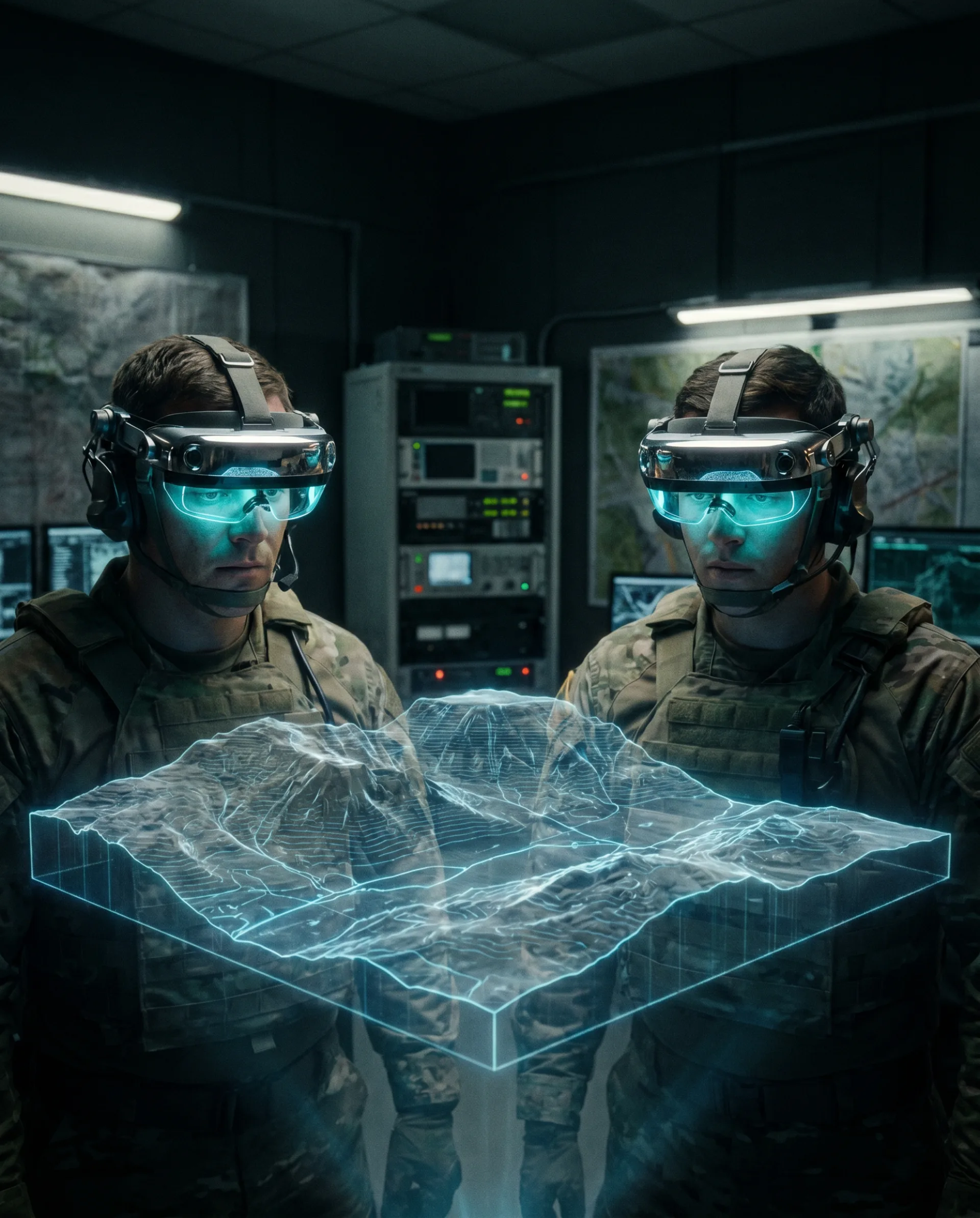 Two soldiers in tactical AR headsets examining a holographic 3D terrain map
