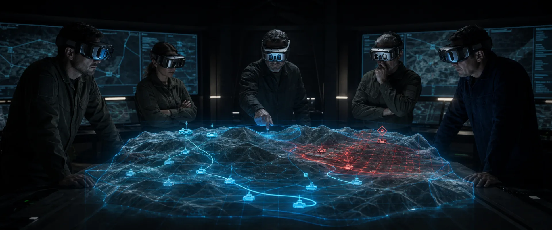 Five operators around a holographic tactical map with force markers