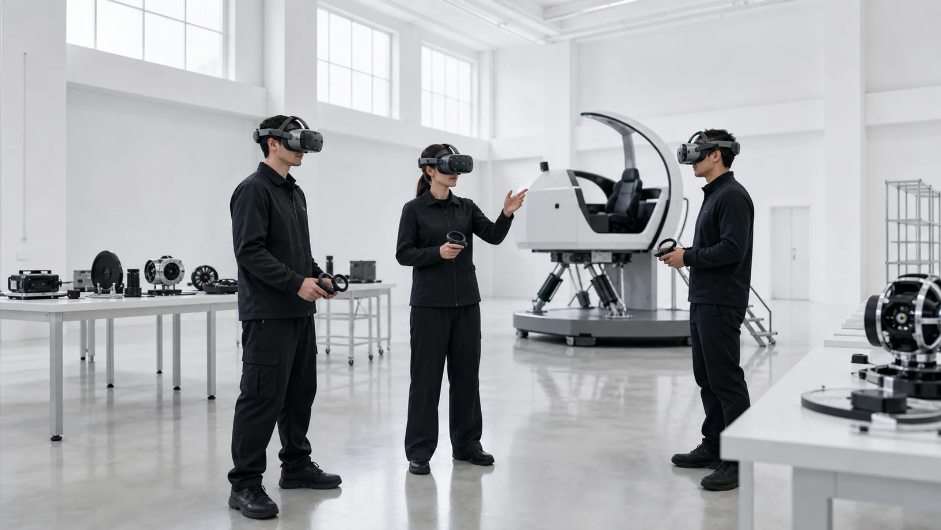 Three people in QWR VR headsets collaborating in a bright training lab