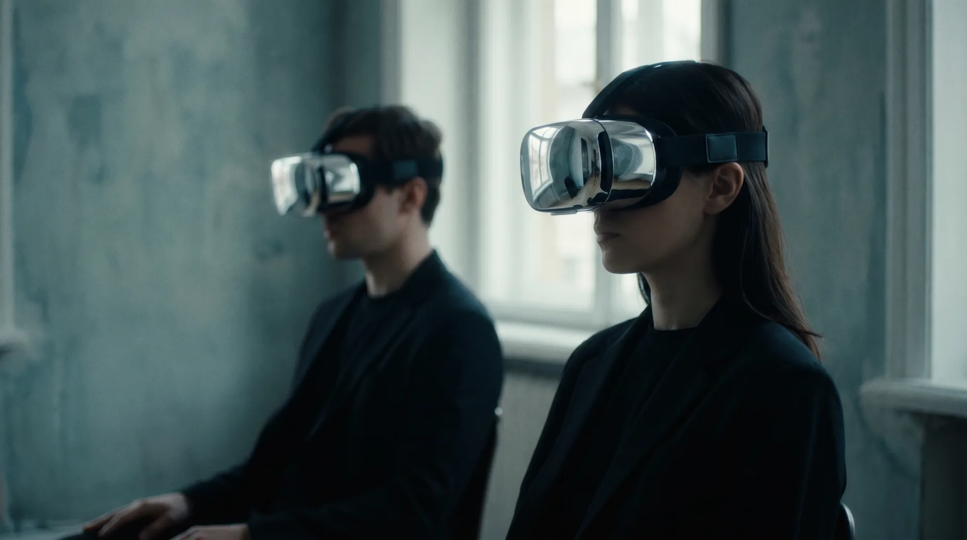 Two professionals in VR headsets seated in a quiet office setting