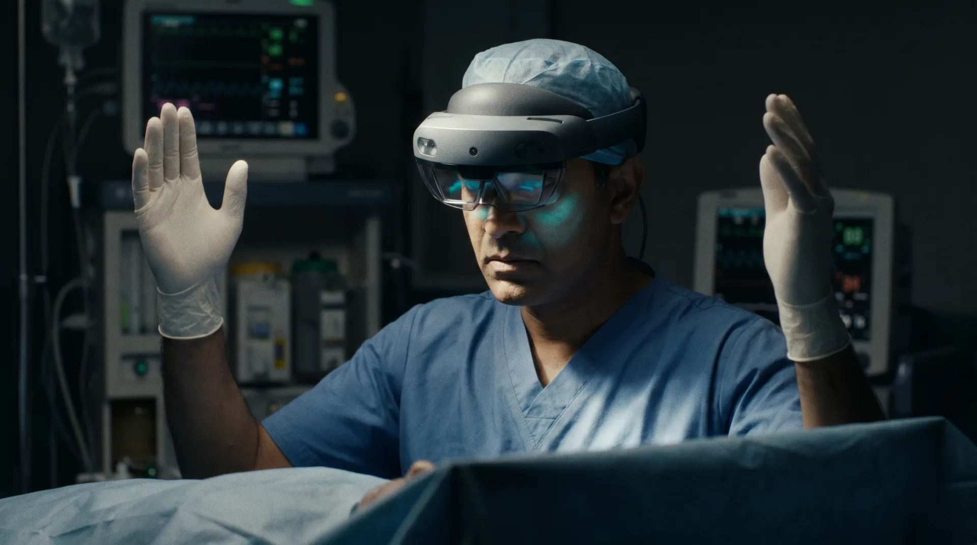 Surgeon in an AR headset with raised gloved hands in an operating theatre