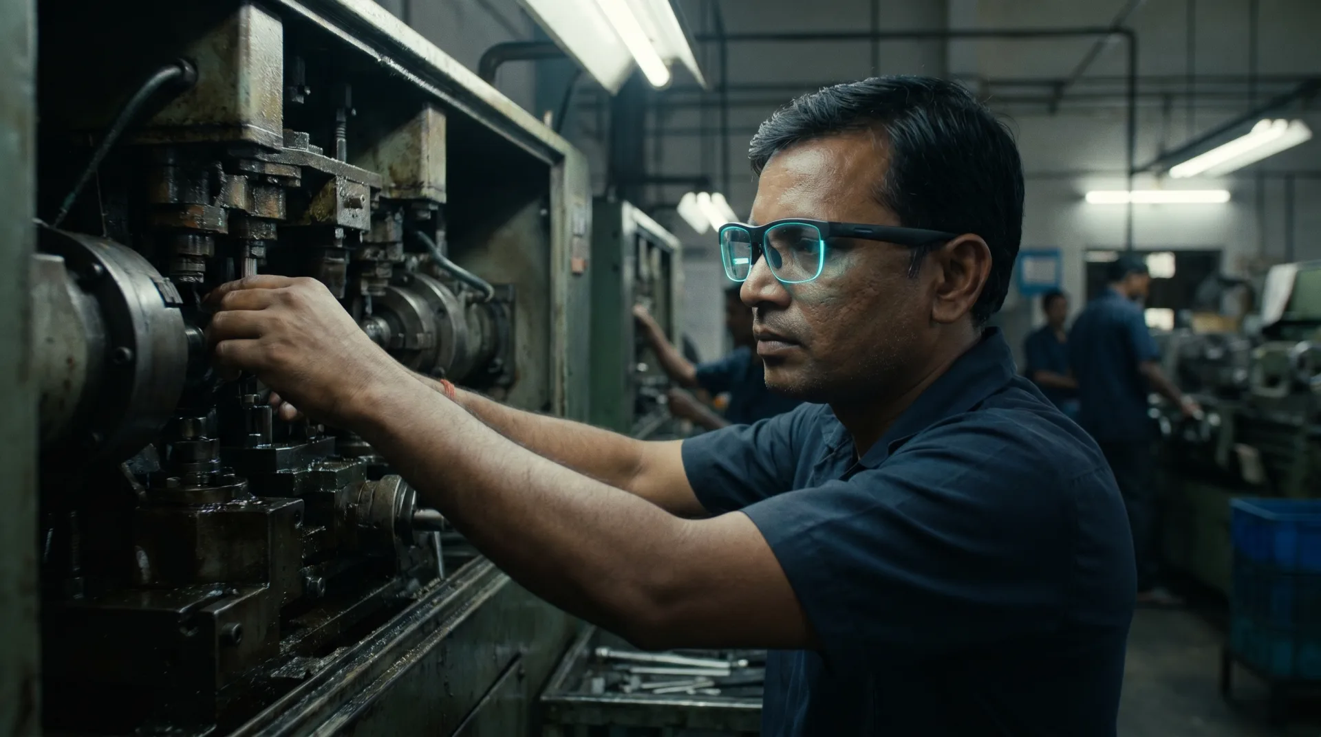 Factory worker wearing glowing blue smart glasses adjusting precision machinery