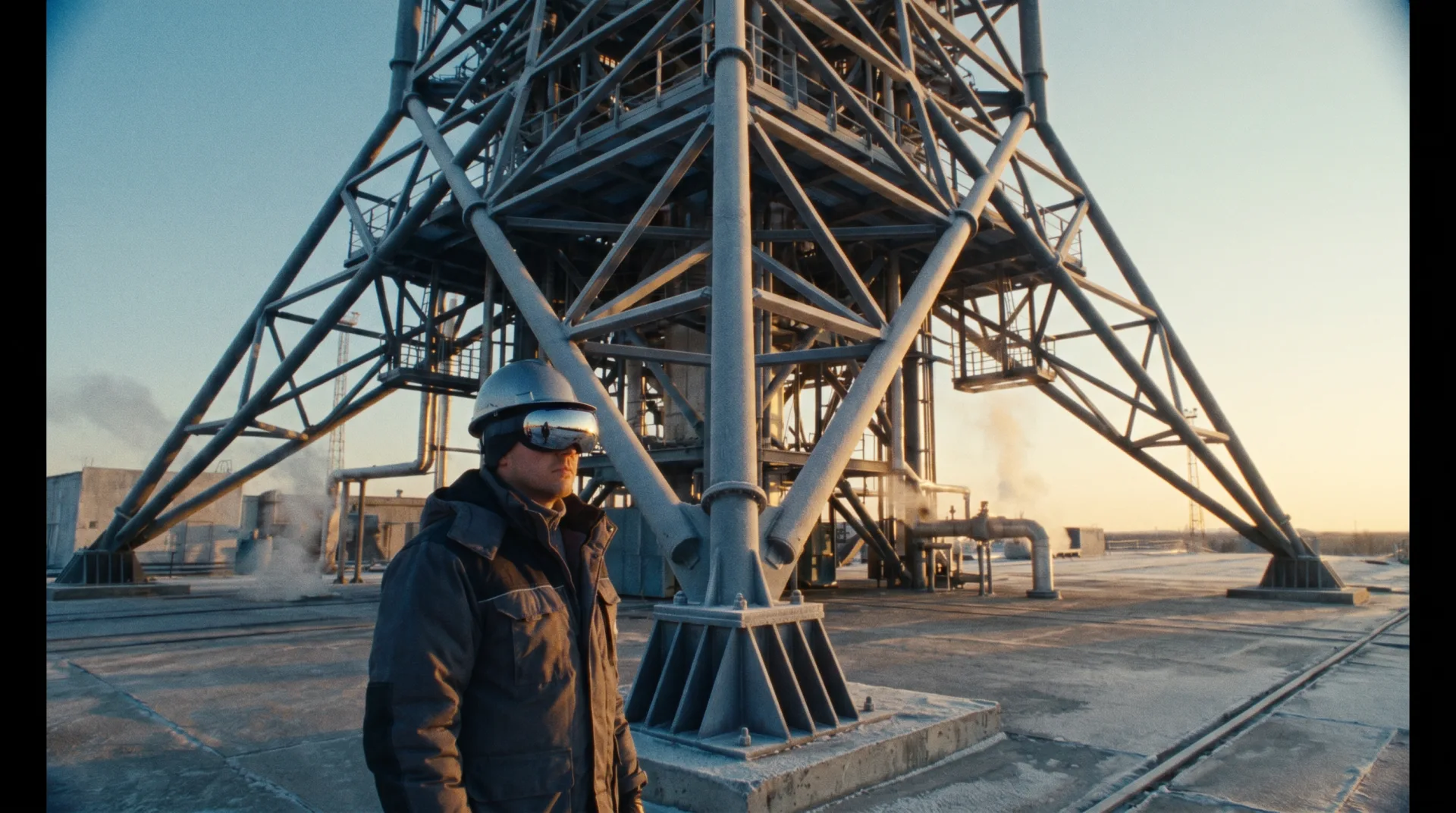 Industrial worker wearing AR glasses at the base of a steel lattice tower