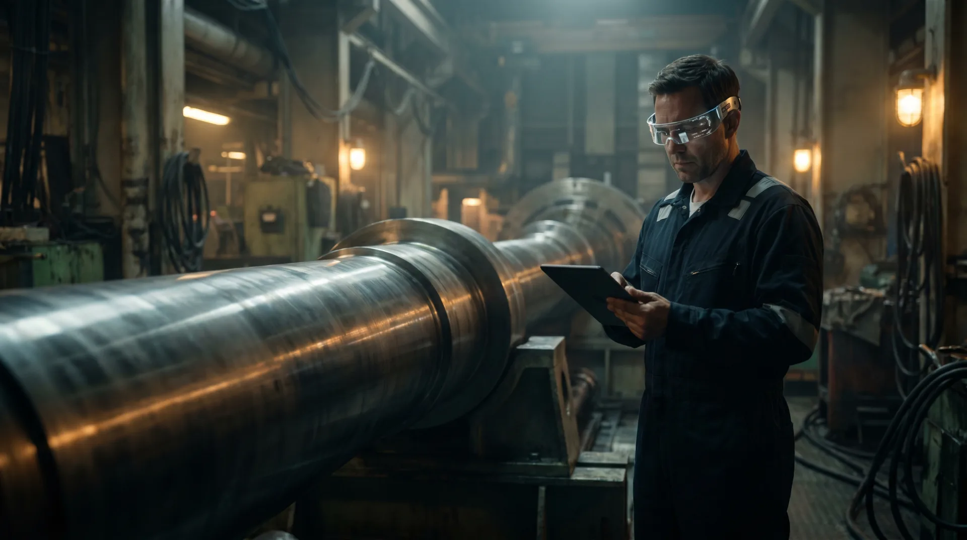 Factory worker with smart glasses inspecting a large metal shaft while holding a tablet