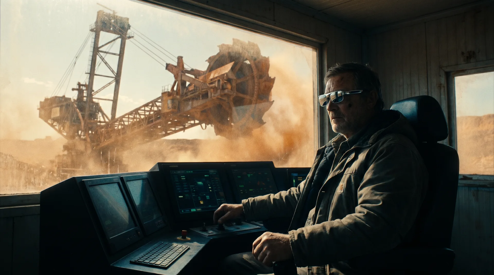 Mining control-room operator wearing smart glasses with a bucket-wheel excavator outside