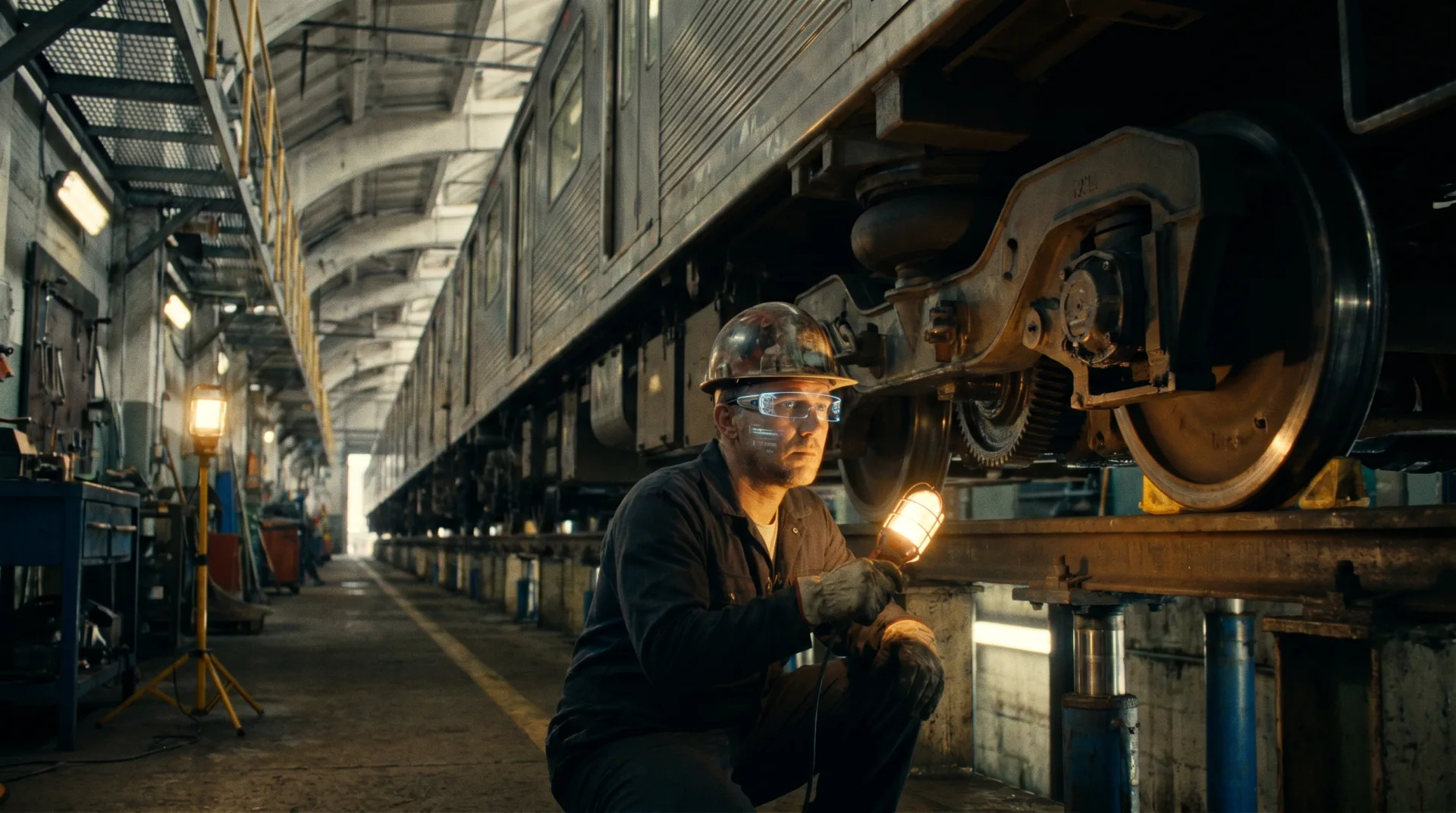 Railway maintenance worker with smart glasses inspecting a train undercarriage