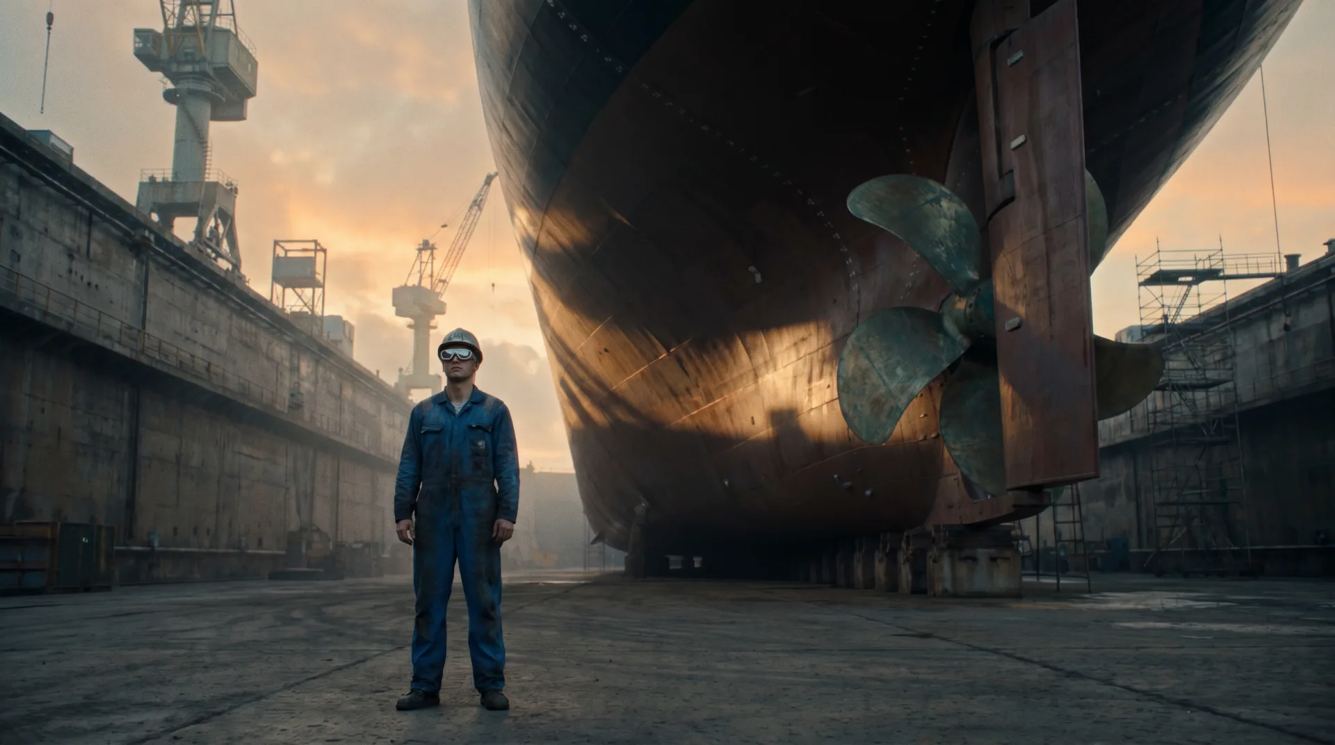 Shipyard worker with AR glasses standing under a massive ship propeller