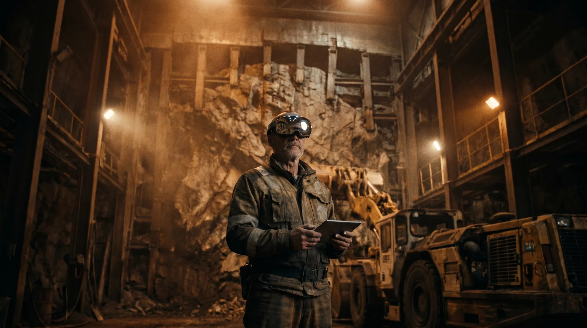 Underground miner wearing AR/VR headset and holding a tablet at a rock face