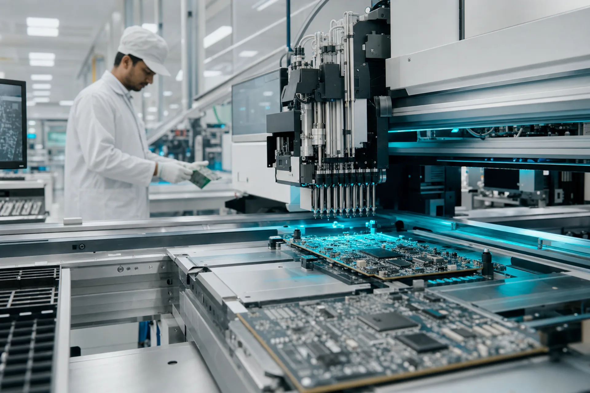 High-precision PCB assembly line with pick-and-place machine and technician