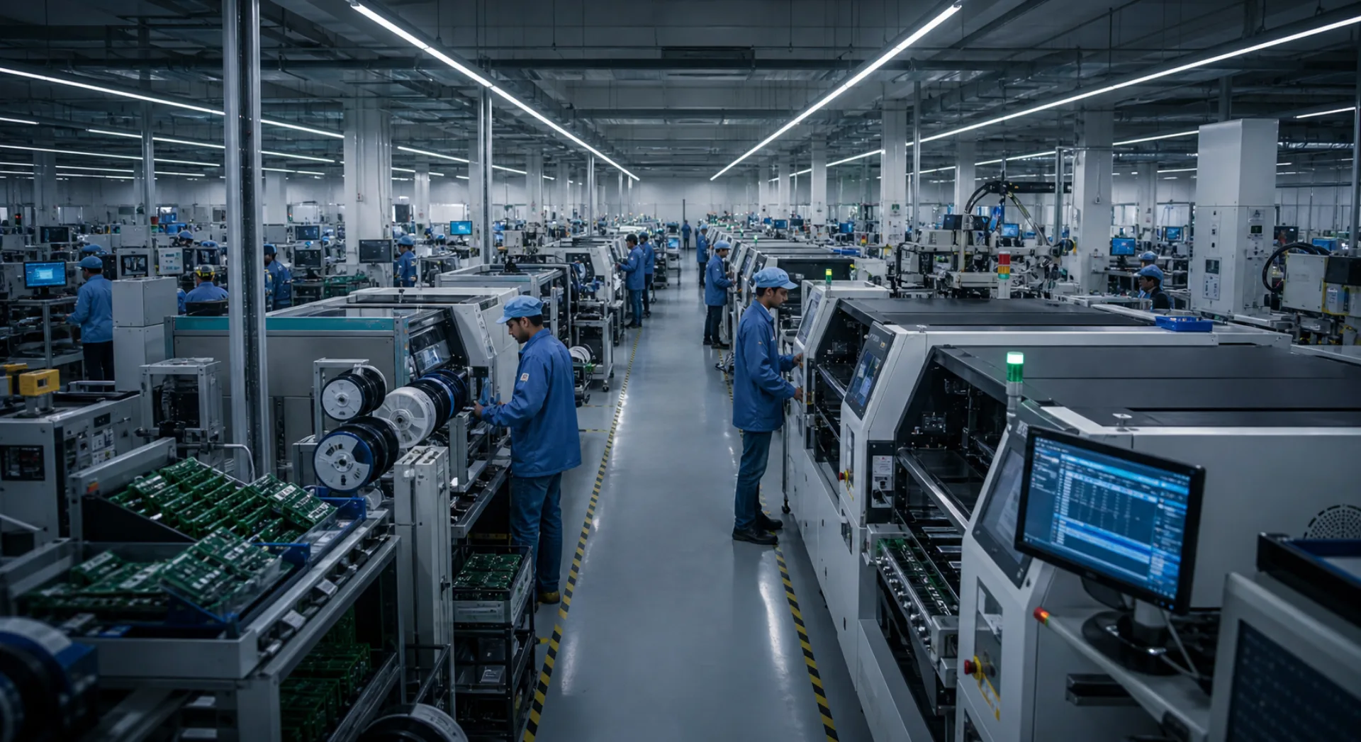 Large-scale electronics manufacturing floor with rows of certified SMT lines