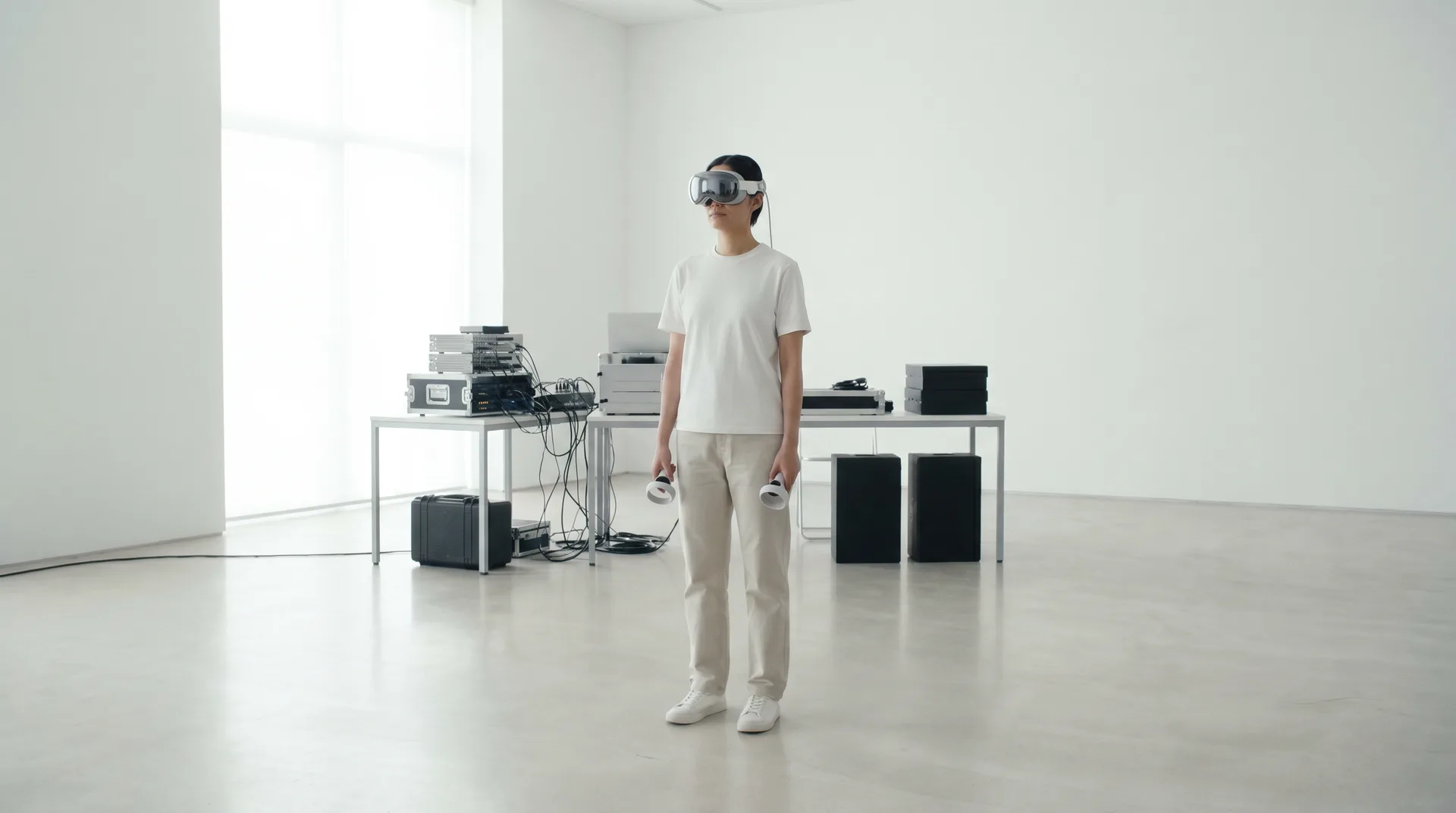 Student wearing a lightweight white VR headset in a bright minimal room