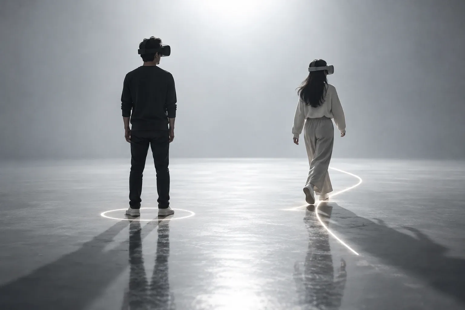 Two people in headsets on a bare floor, one standing in a ring of light, the other walking along a curved line of light.