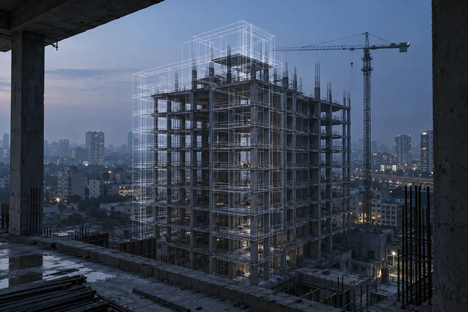 A concrete building frame with exposed rebar at dusk beside a crane, overlaid by a white wireframe of the finished tower.