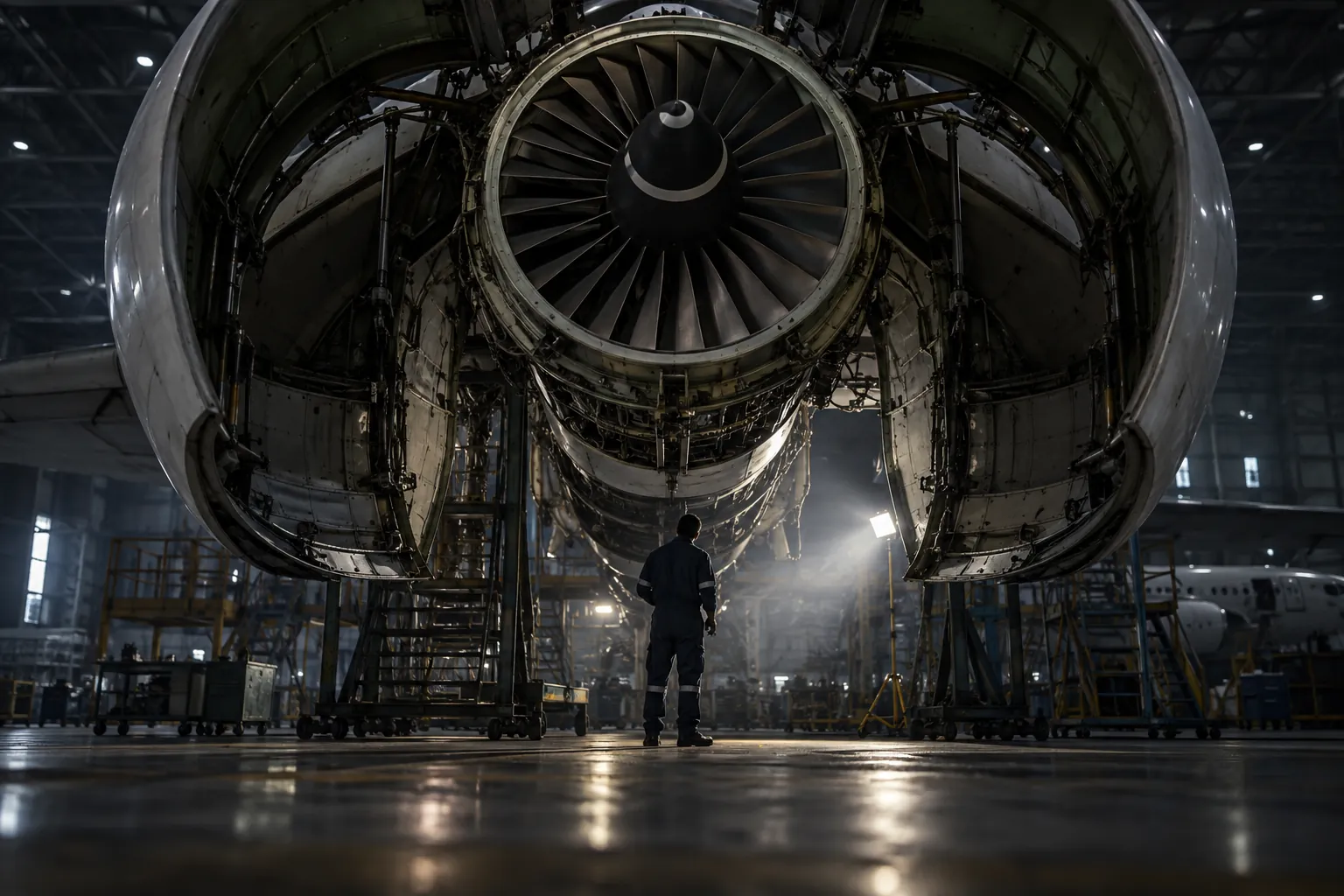 A technician stands small before an open jet engine nacelle in a dim hangar, lit by a single work light through haze.