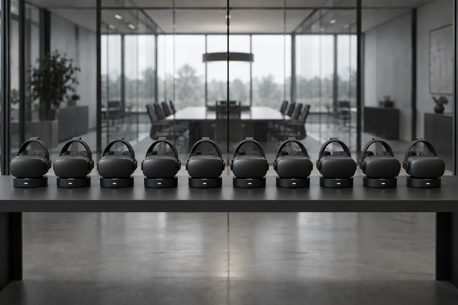 A long row of ten identical black VR headsets on charging stands along a shelf, a glass-walled meeting room behind.