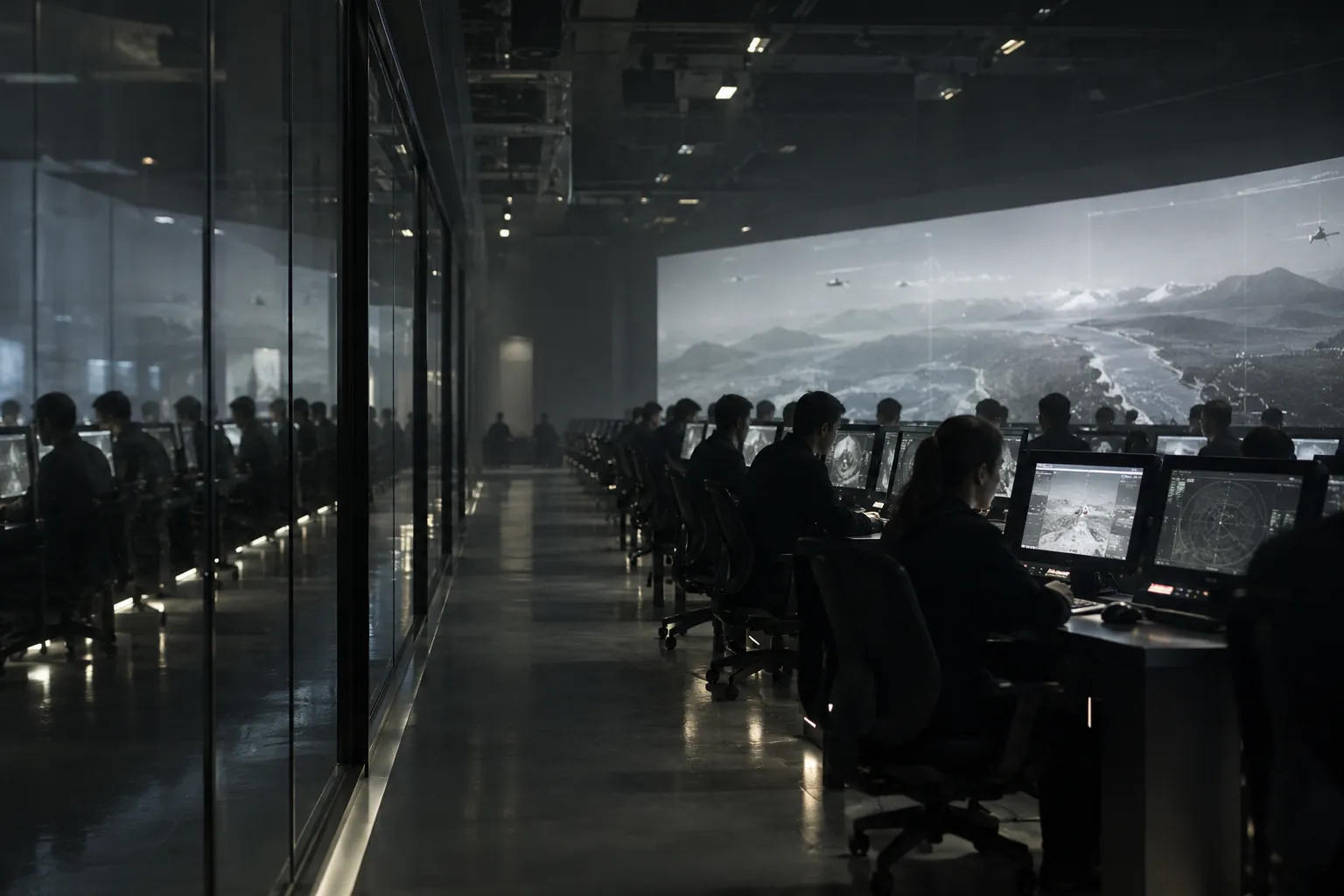 Rows of trainees at consoles in a long dim simulation hall, reflected in a glass wall, with a large grey display beyond.