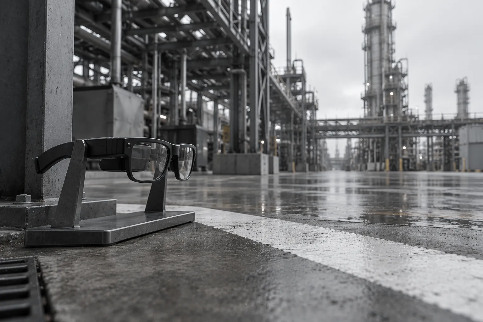 A pair of rugged smart glasses on a steel stand beside a painted boundary stripe on wet concrete, with plant pipework and a column beyond.