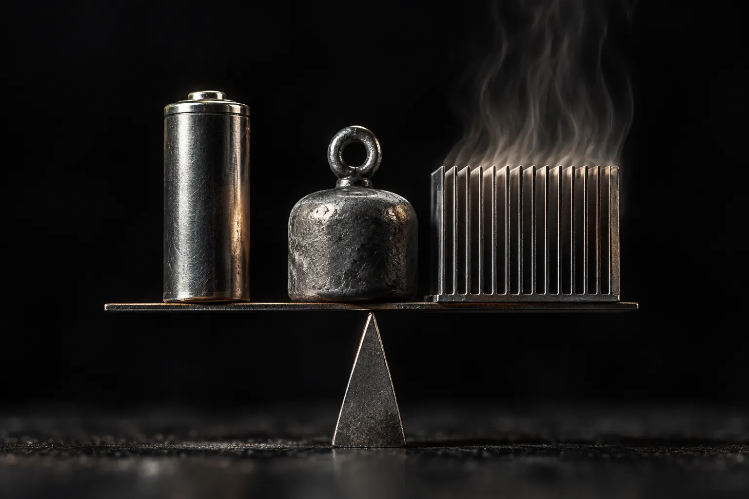 A battery cell, a metal weight and a finned heat sink balanced on a thin scale beam, with vapour rising from the heat sink.