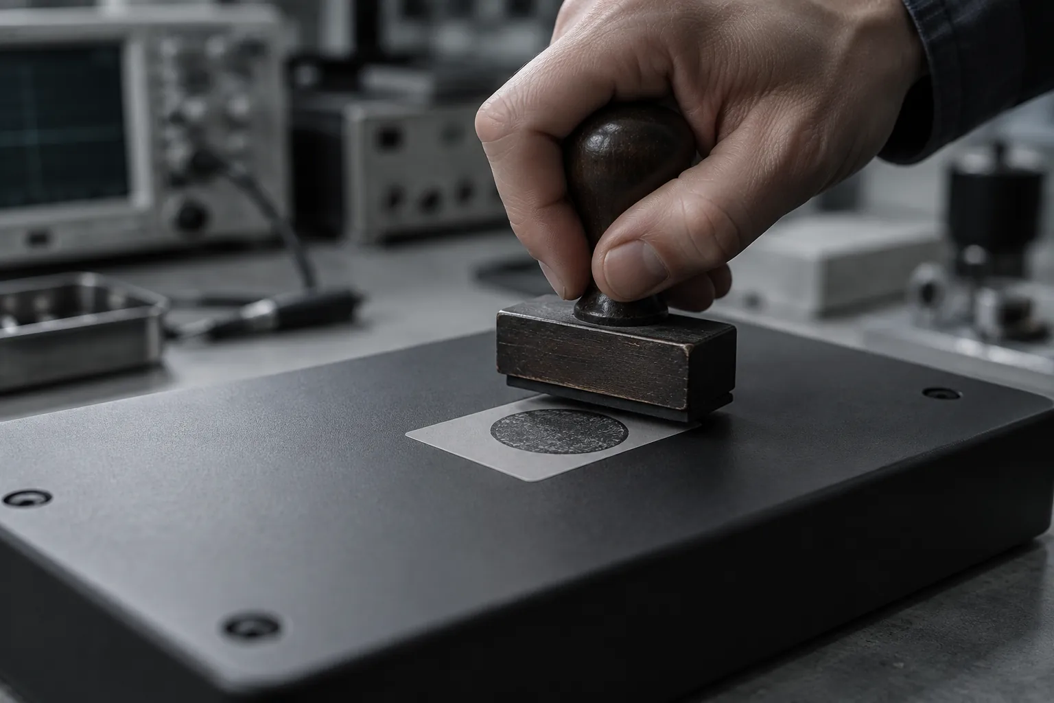 A hand presses a rubber stamp onto a label on a black device panel, with lab instruments blurred behind.