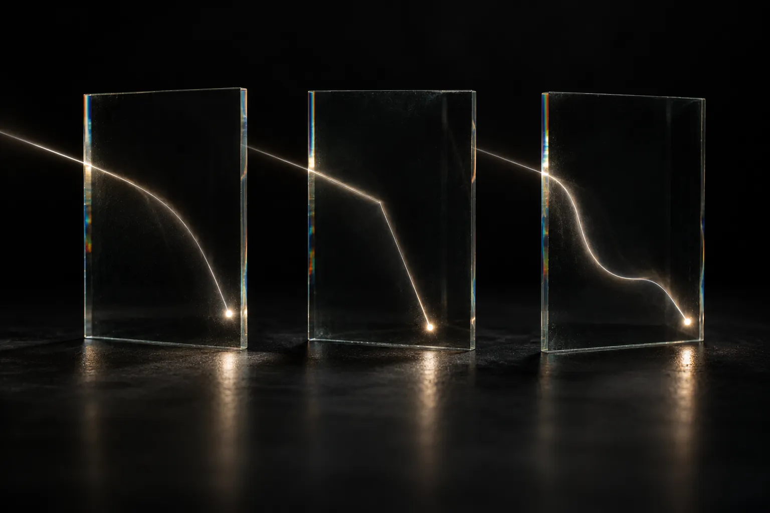 Three clear glass panes on a dark surface, each guiding a thin beam of light along a different curved path to a bright point.