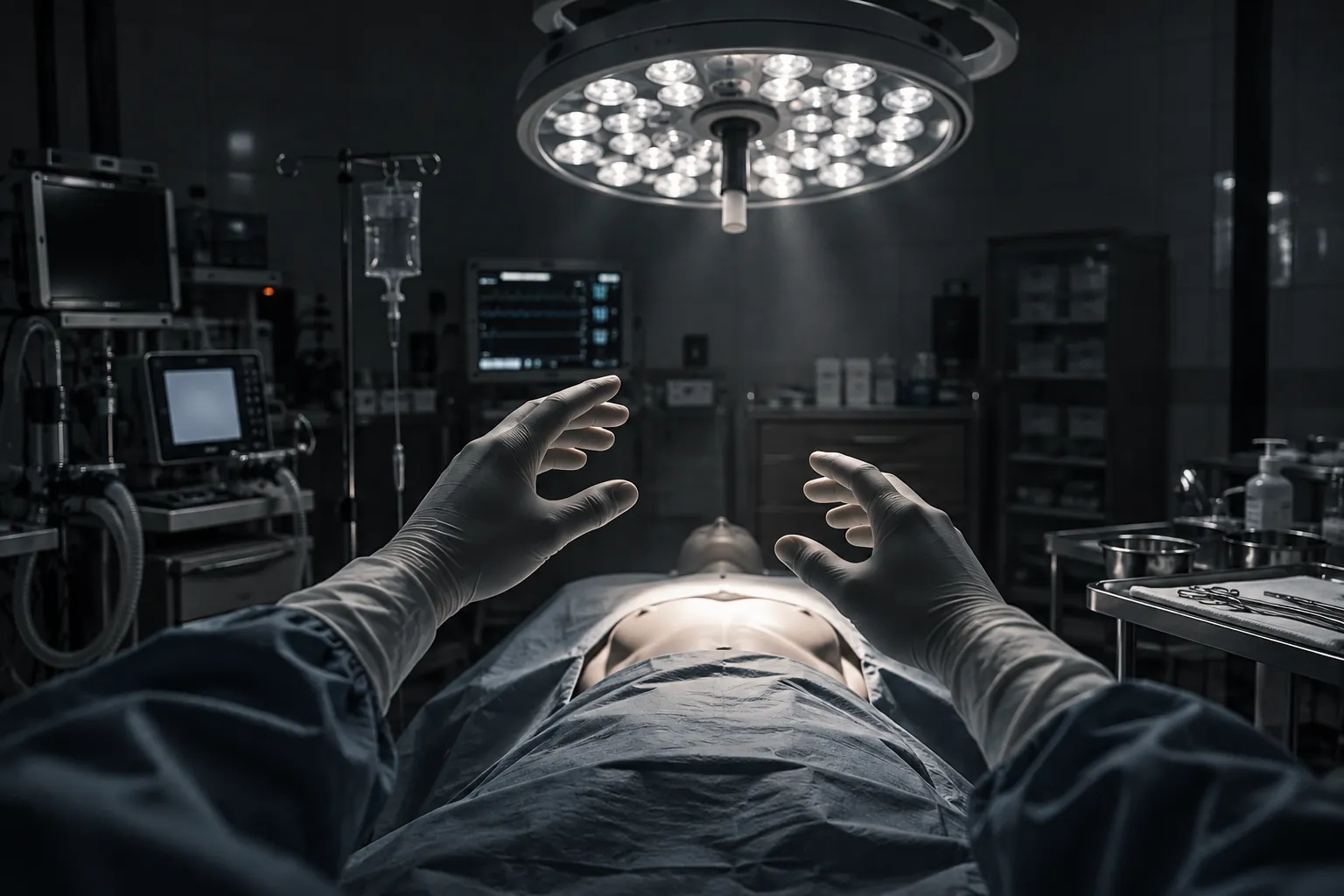 A surgeon's gloved hands hover over a figure on an operating table under a bright lamp in a dark theatre.