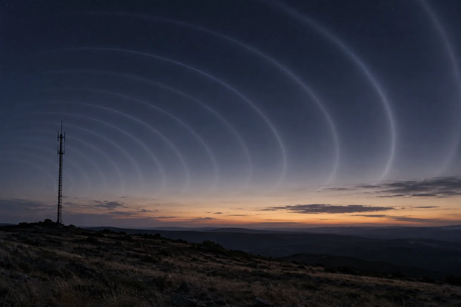 Pale concentric arcs ripple across a dusk sky above a hillside, with a single mast antenna in silhouette at the left.