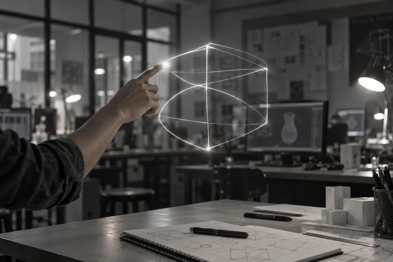 An outstretched arm draws a glowing wireframe shape in the air in a design studio, with monitors and sketchbooks behind.