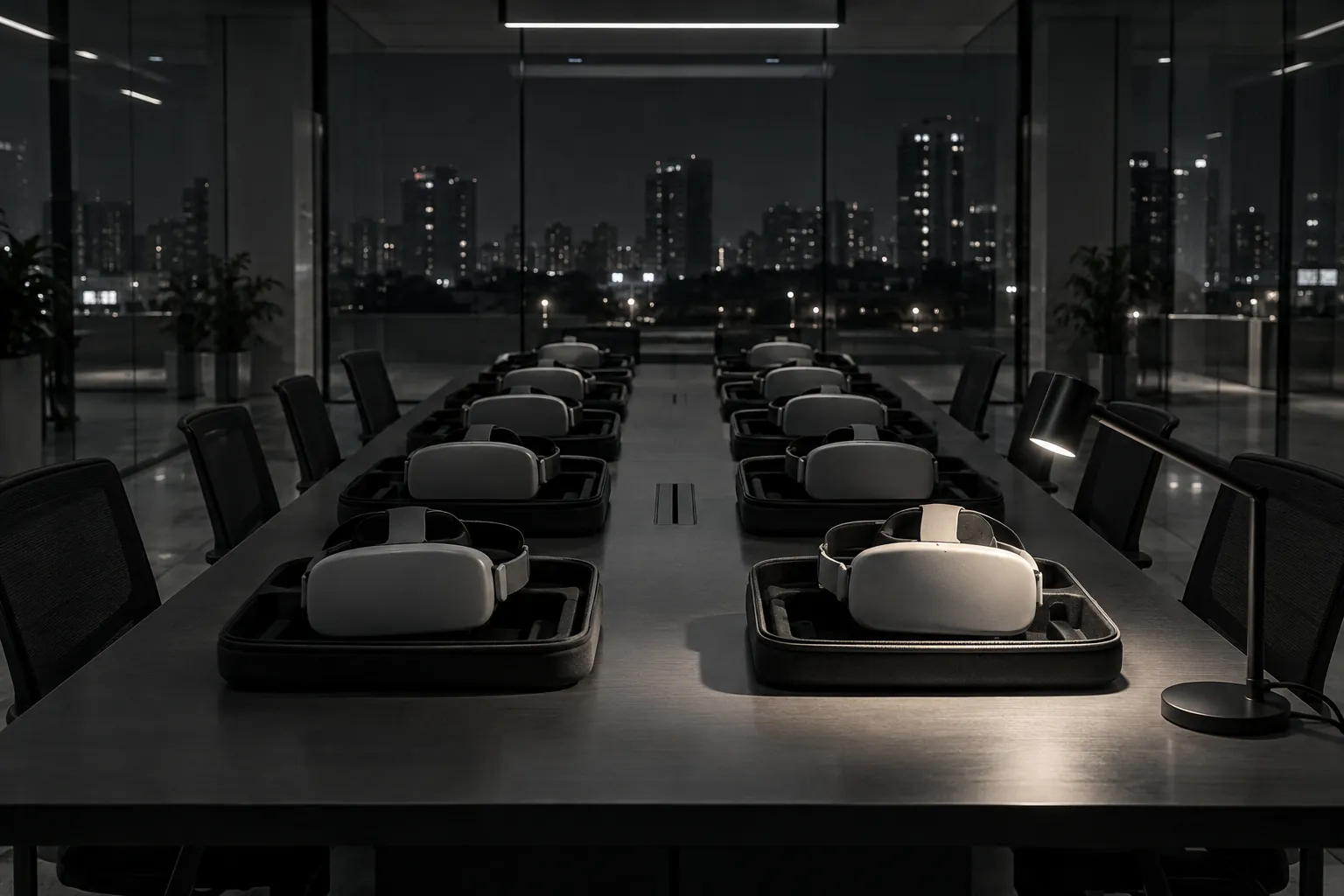 Rows of white VR headsets in black trays on a long table in a dark glass-walled room, a night skyline behind.