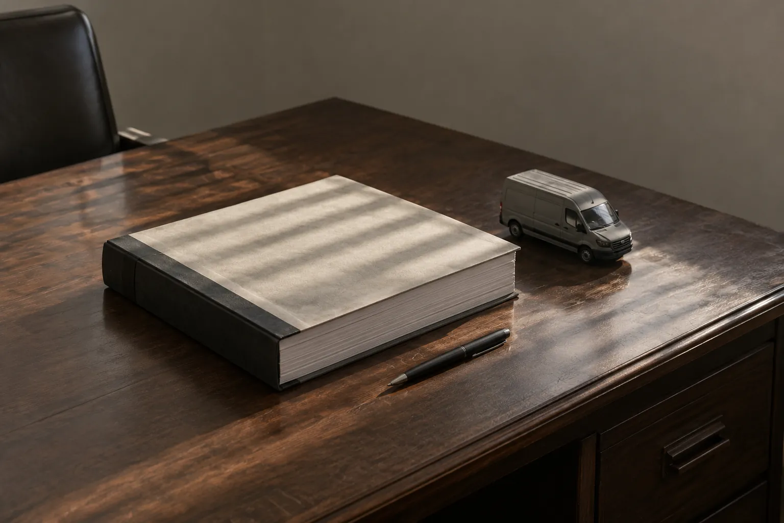 A thick bound document, a pen and a small grey delivery van model on a dark wooden desk, striped by window-blind light.
