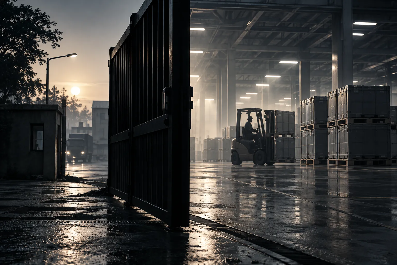 A steel factory gate ajar at dawn, revealing stacked grey crates and a forklift in a misty, lit warehouse.
