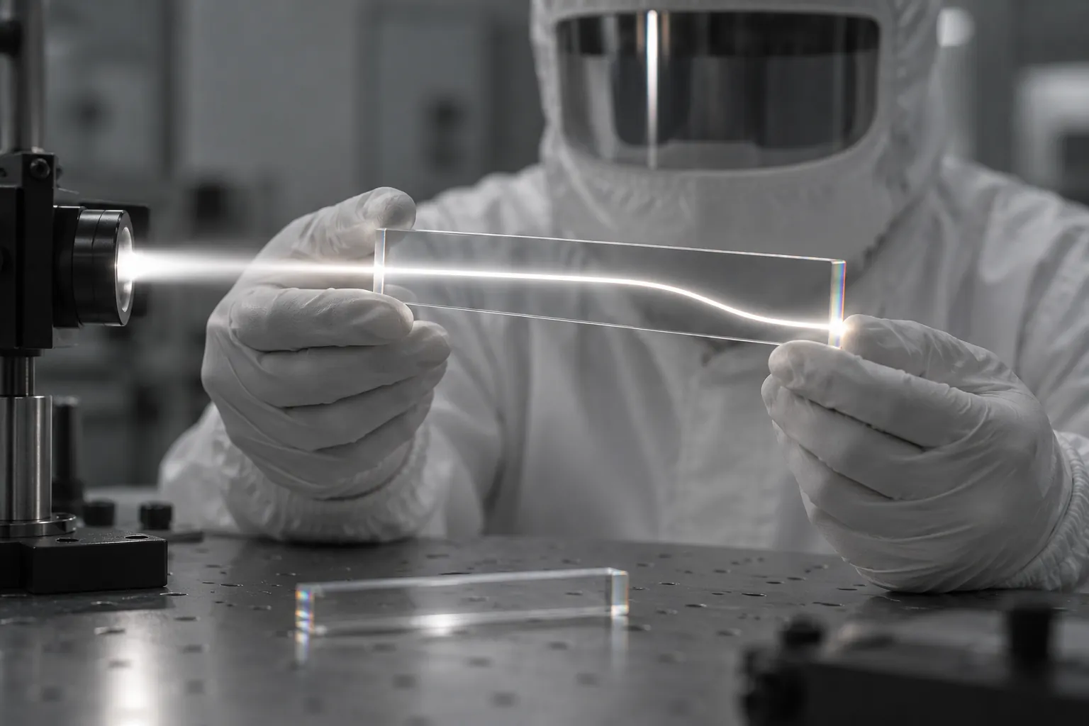 A technician in a clean-room suit holds a glass plate that bends a beam of light into a bright thread.