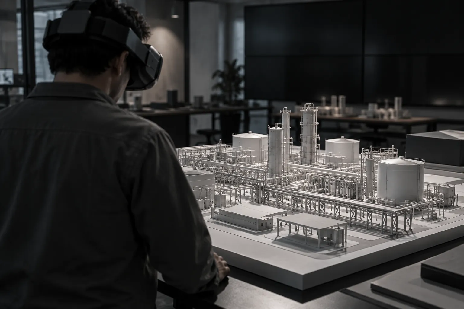 An engineer in a VR headset leaning over a white scale model of an industrial plant in a darkened studio.