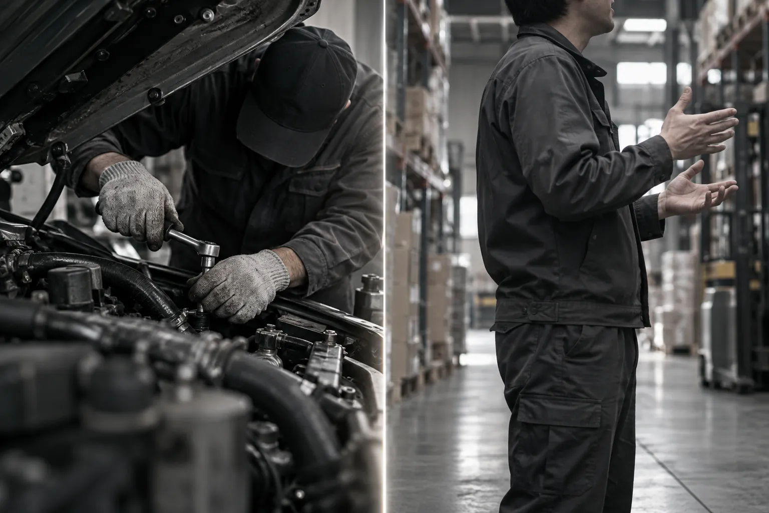 A split frame: gloved hands working a wrench under a car bonnet, and a worker mid-sentence in a warehouse aisle.