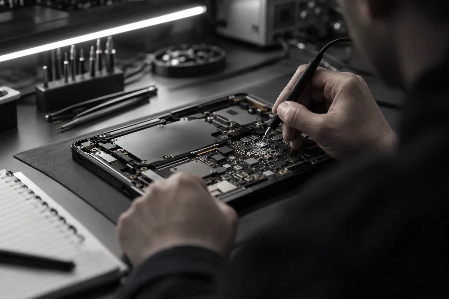 Over an auditor's shoulder, a probe touches the board of a stripped electronic device on a bench under a cold LED strip.