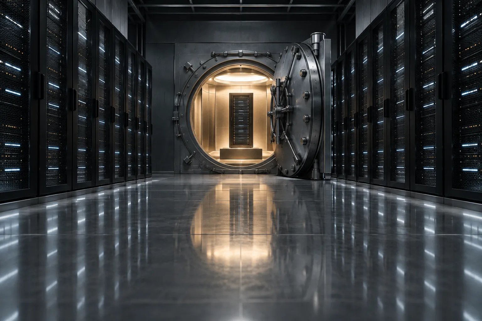 A heavy open vault door at the end of a data hall, with a single server rack lit alone on a plinth inside.