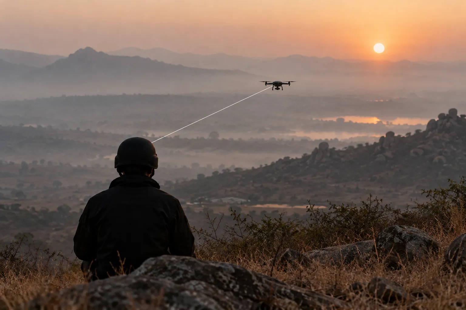 A person in a plain helmet seen from behind on a rocky hillside at sunrise, with a thin line of light to a hovering drone.