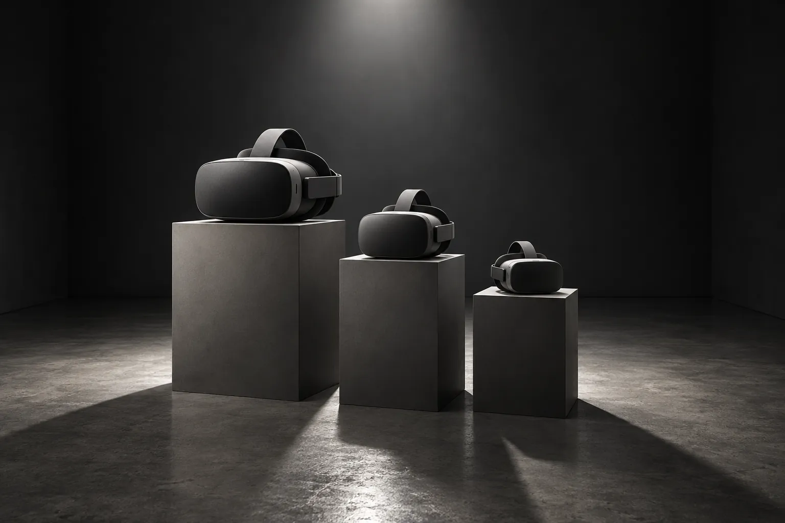 Three grey plinths in a dark gallery, each holding a black VR headset, descending in size, under a single spotlight.