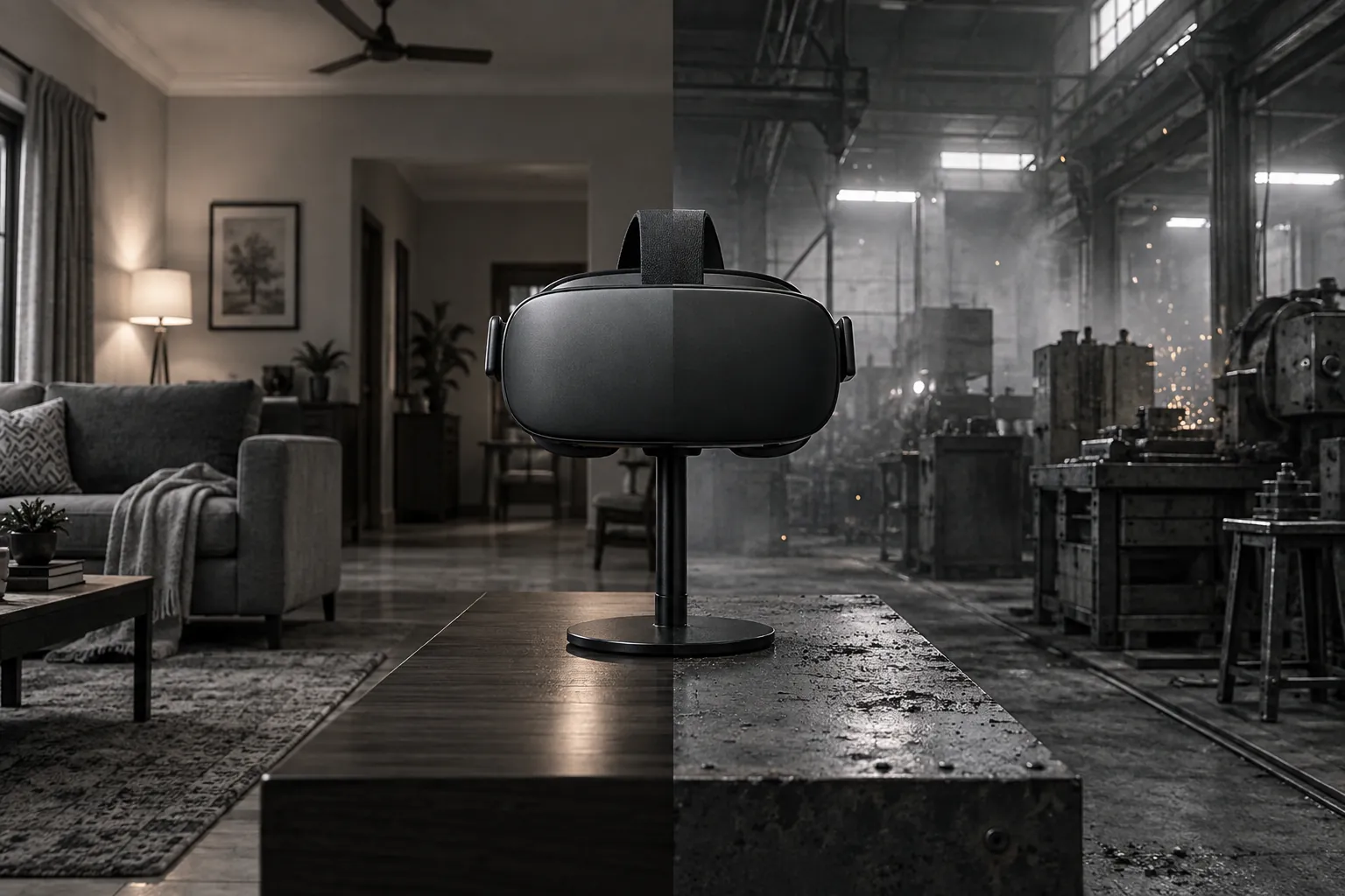 One VR headset on a stand straddling a split frame: a living room on the left, a sparking factory bay on the right.