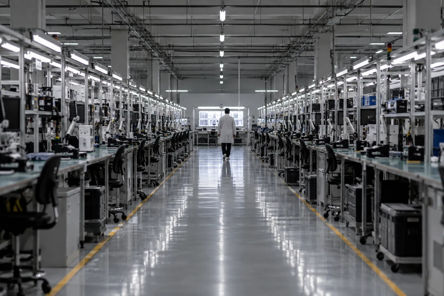 A long, brightly lit electronics assembly line with rows of workstations and a person in a white coat walking away.