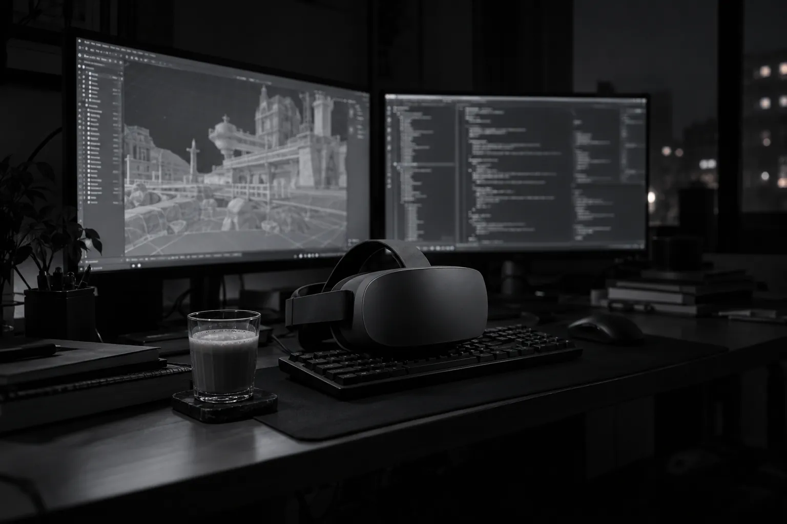 A developer's desk at night: two monitors with a 3D wireframe and code, a headset on the keyboard, a glass of chai.
