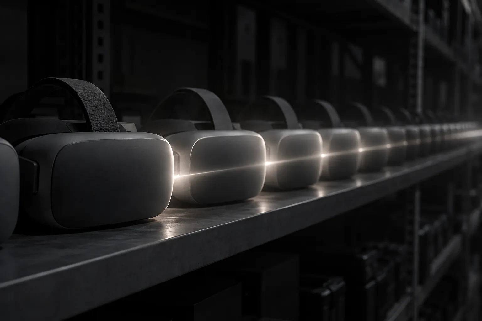 A shelf of identical VR headsets in a dark storeroom, a line of light passing along the row and lighting each in turn.