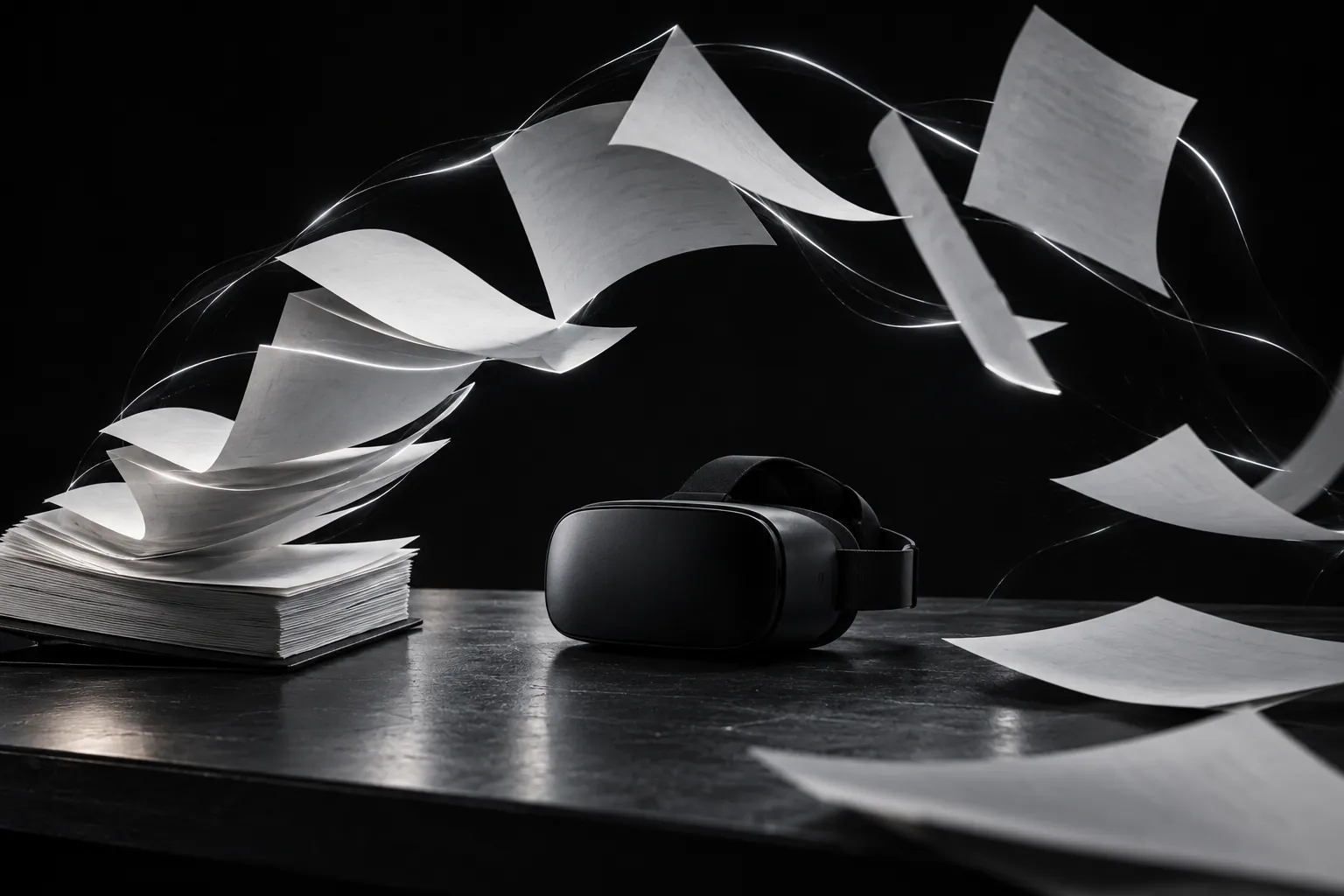 A stack of printed pages lifts into the air trailing thin lines of light, beside a black VR headset on a dark desk.