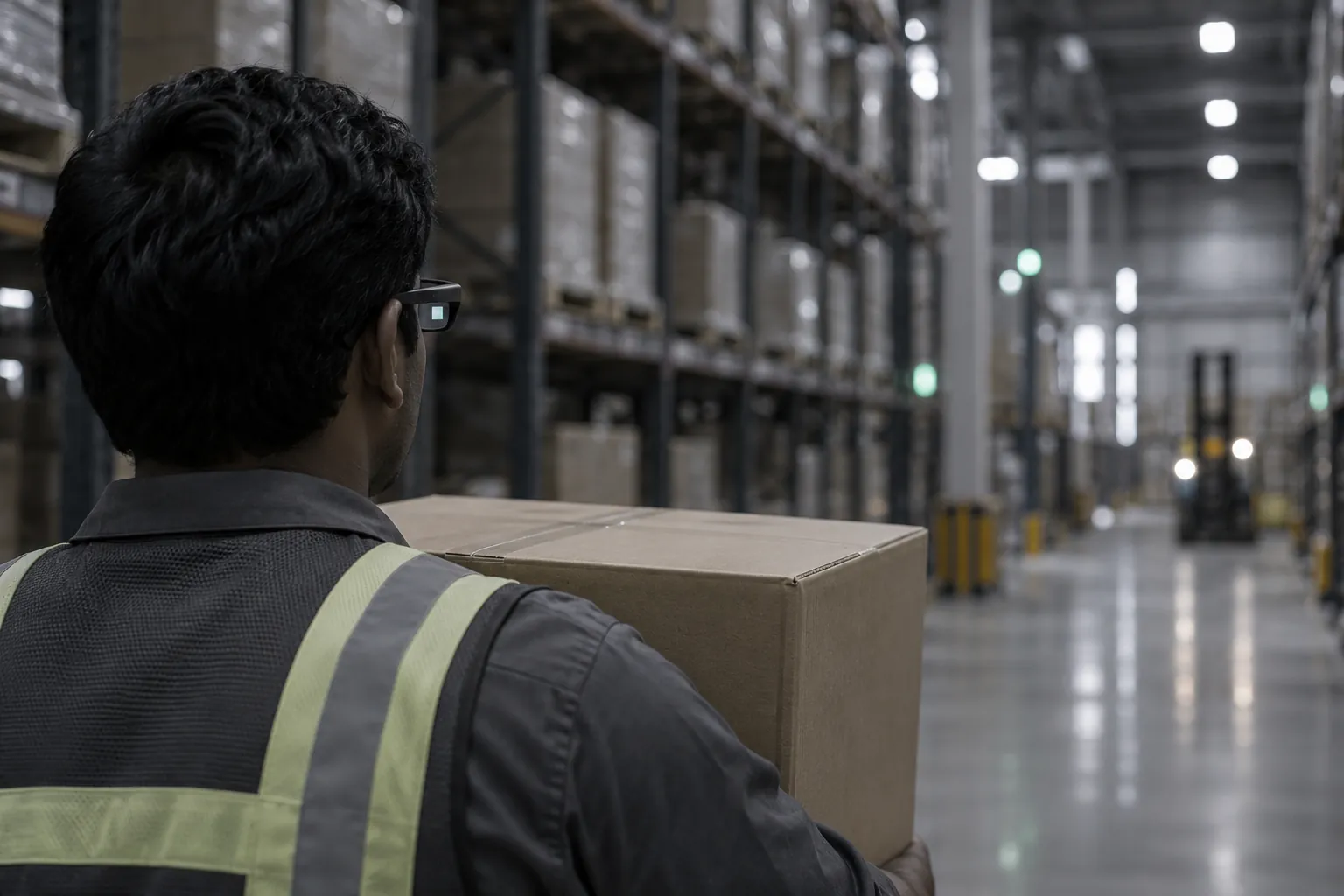 Warehouse worker carrying a carton with both hands, wearing smart glasses with a small display in the lens.