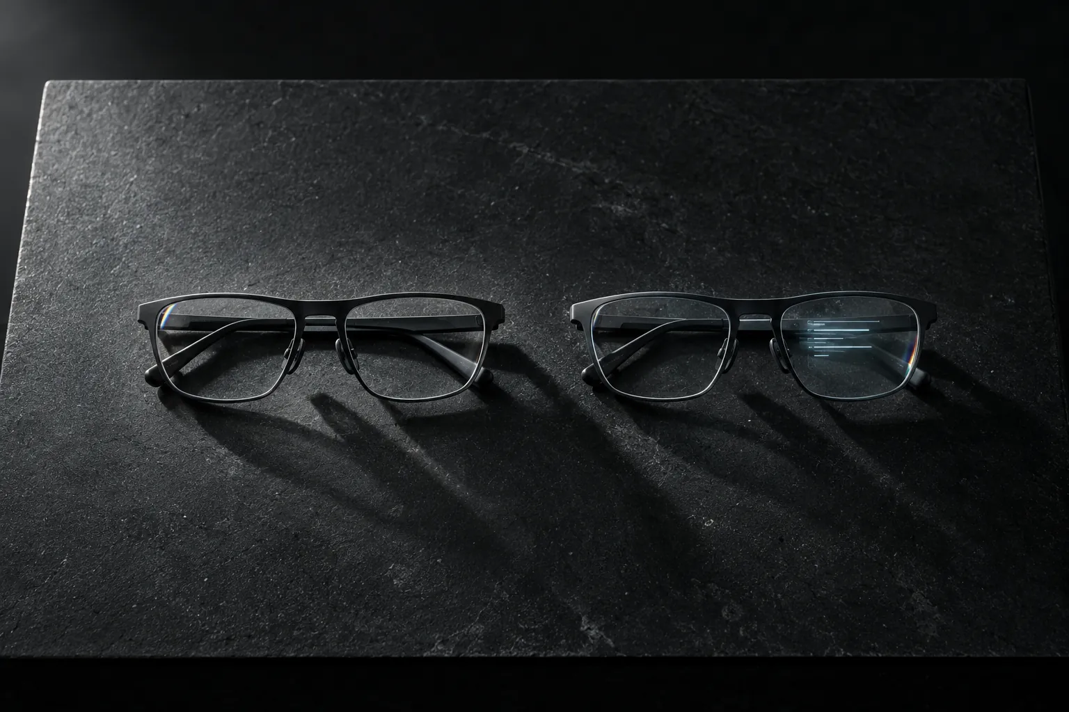 Two pairs of slim smart glasses laid side by side on dark slate; the right pair has faint lines of light above one lens.